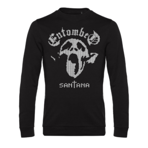 Alt Text: Limited edition Entombed's black Santana sweatshirt, released on December 1st, 2023, featuring the iconic 'Monkey Demon' design in a cross-hatch knitting pattern. 'SANTANA' is uniquely inscribed where 'Uprising' usually appears, referencing the sixth album merchandise. Photographed against a white background, this image vividly highlights the black sweatshirt's intricate design, embodying the enigmatic essence of the Sacred Santana, as narrated in the Odyssean Chronicle news article published on December 2, 2023.