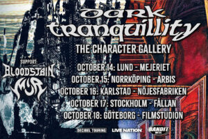 Official tour poster for Dark Tranquillity’s “The Character Gallery” Swedish tour featuring BLOODSTAIN and Múr, October 14–18, 2025.