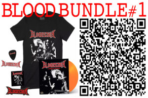 BLOODSTAIN “BLOOD BUNDLE #1” — official merch pack featuring vinyl, t-shirt, and limited items. Includes QR code linking to the Threeman/Bloodstain shop.